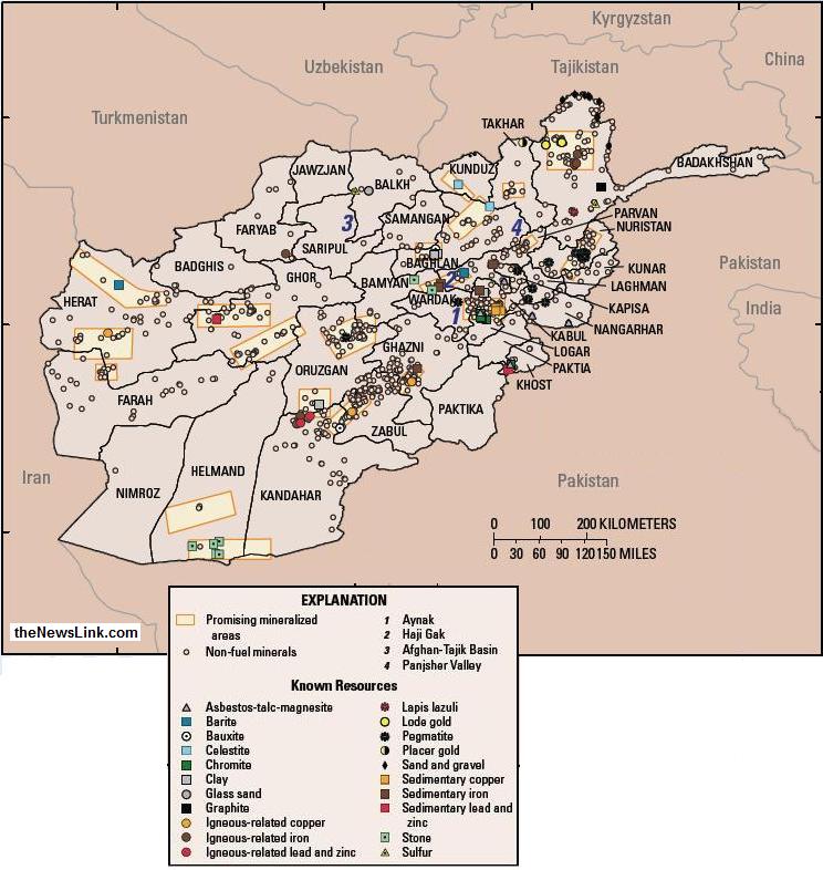 Afghanistan Mineral Map, Geological Map of Non-Fuel Mineral Resources, USGS, 2007 
